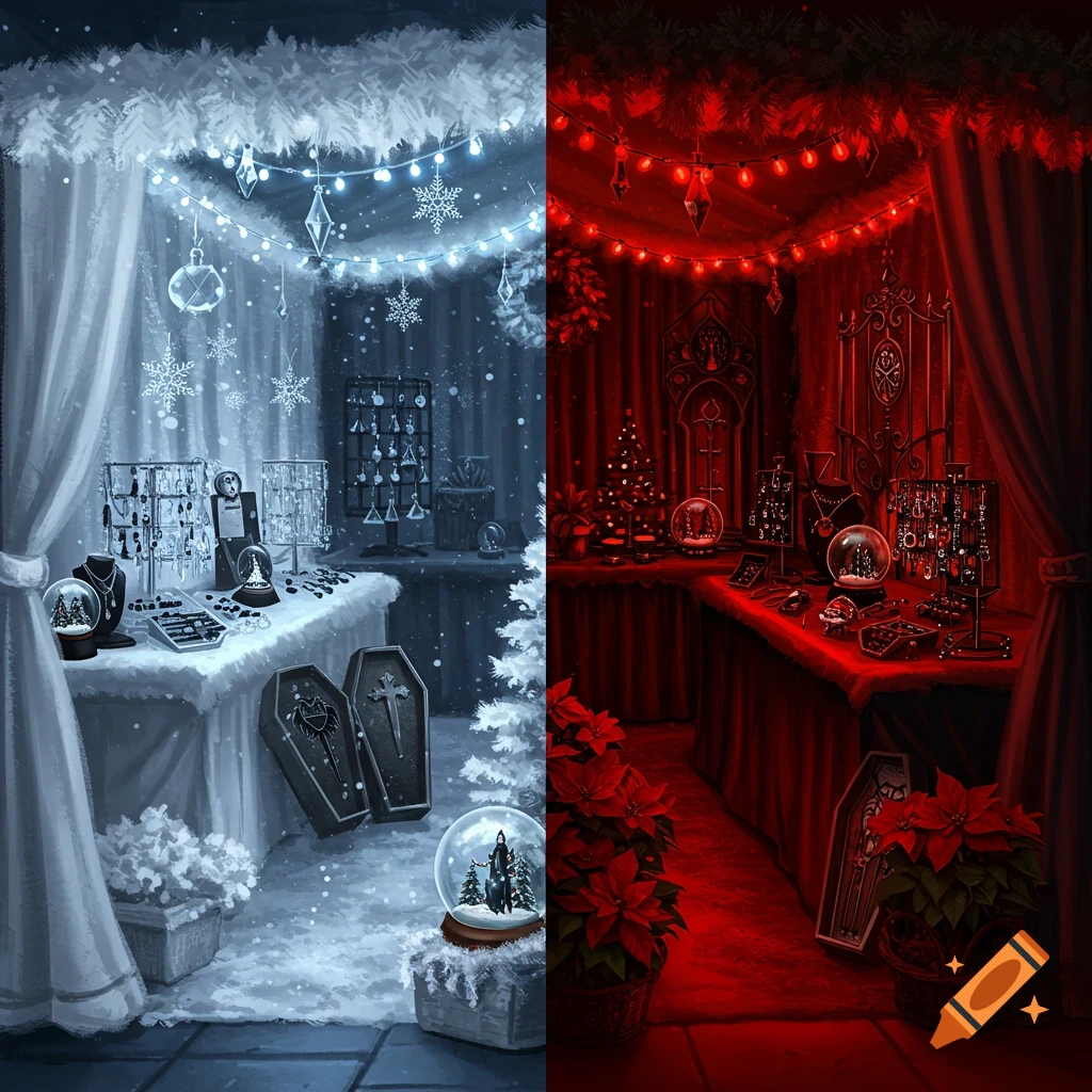 A fantasy illustration of a split gothic holiday market booth; left side is icy white and blue, right side is dark red and black, both selling unique trinkets.