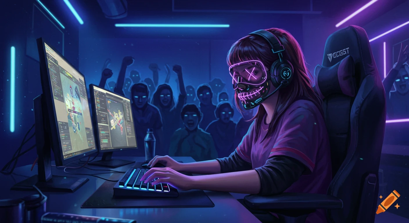 A masked girl in a neon-lit gamer den plays on multiple monitors with a glowing keyboard, as a crowd with glowing eyes watches in the background in this digital art.