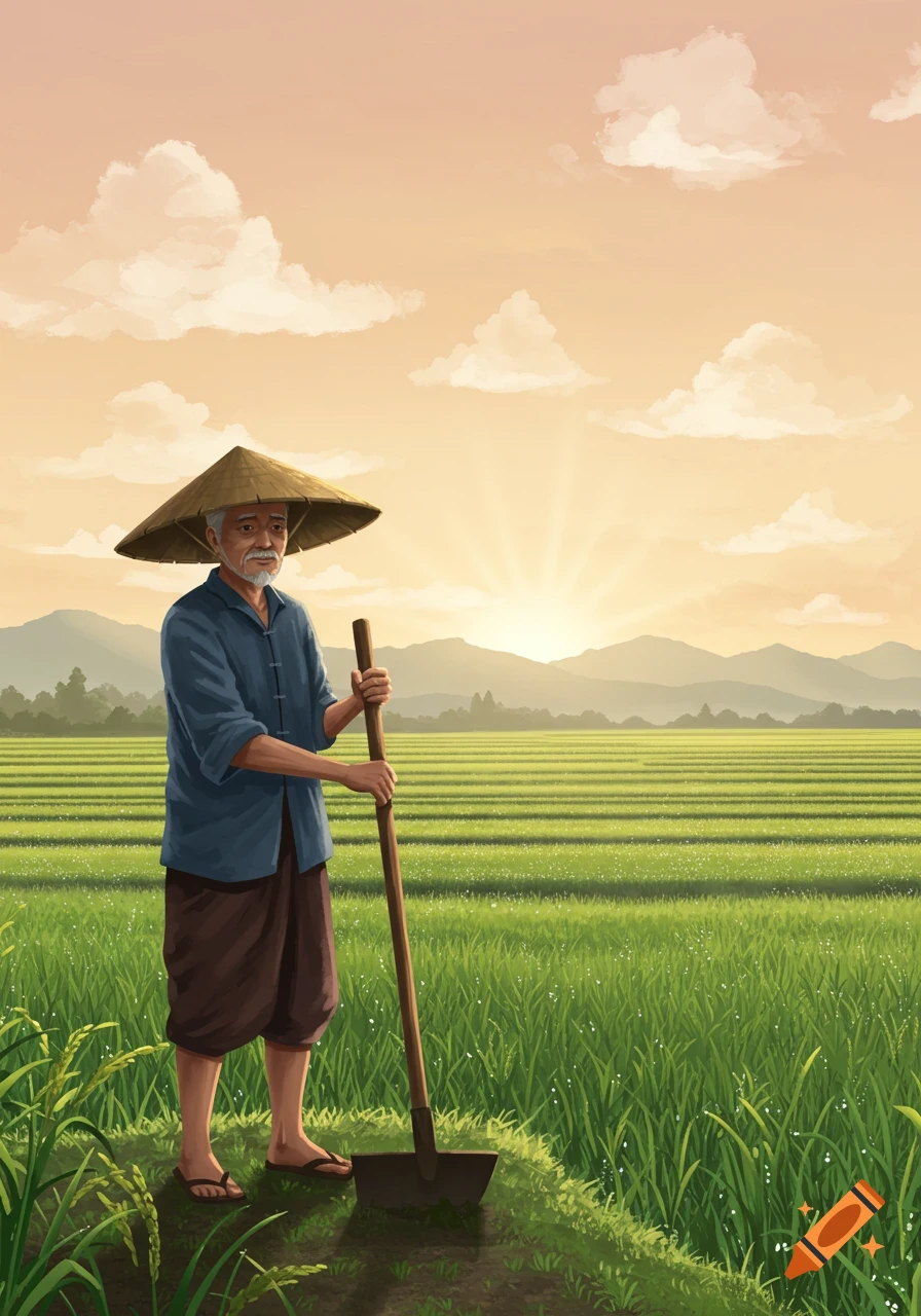 An old farmer in a conical hat stands in a vast green rice field, holding a hoe, with mountains and a sunrise in the background. Digital illustration.