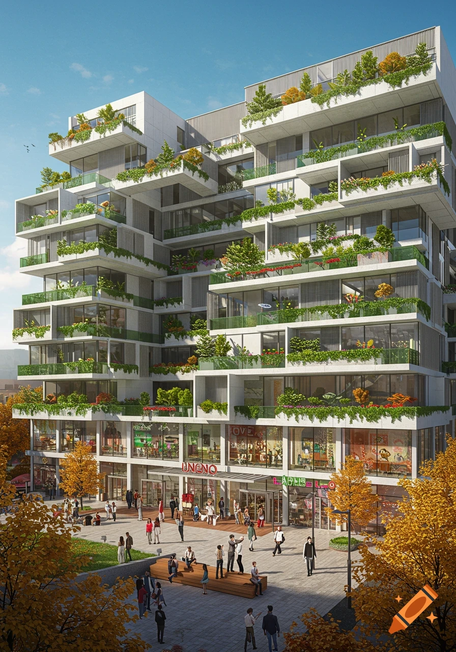 A modern multitenant building with shops on the ground floor and terraced balconies with lush greenery. People are walking and sitting in a plaza in front of the building on a sunny day.