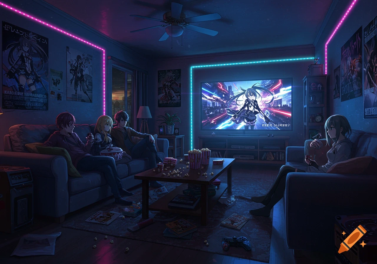 Four anime characters watch a large TV screen in a neon-lit living room, eating popcorn on a dark night.