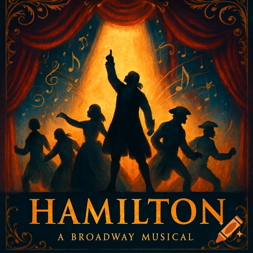 A stylized dark illustration of a stage with red curtains, golden spotlight, and silhouetted performers. Gold text reads 'HAMILTON A BROADWAY MUSICAL'.