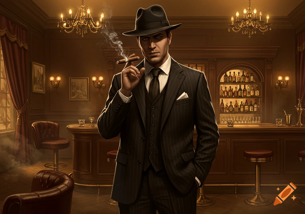 A man in a suit and fedora smokes a cigar in a dimly lit, vintage bar. Photorealistic.
