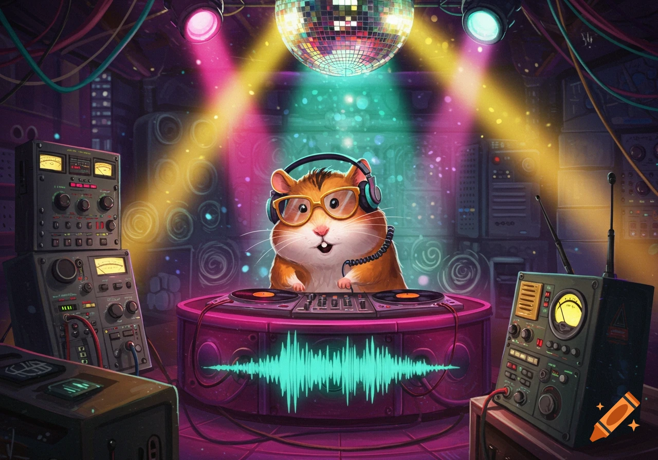 A cute hamster DJ wearing headphones and glasses, mixing music at a vibrant club with a disco ball and colorful lights.