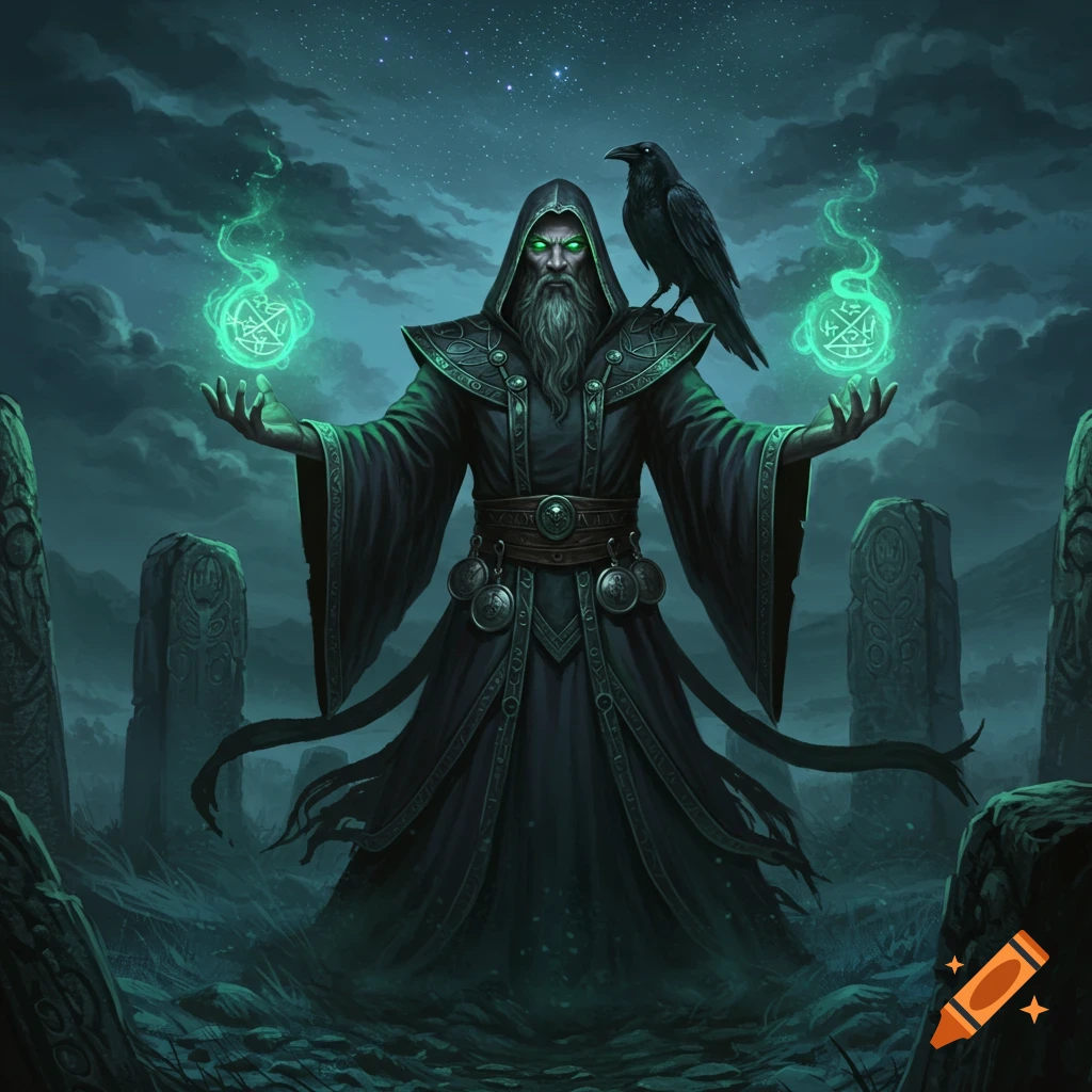 A dark wizard with glowing green eyes and a beard, holding green magical orbs with a raven on his shoulder, standing among ancient stone monuments at night.