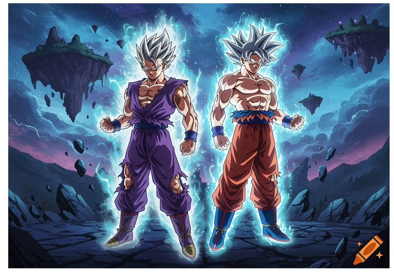 Anime style illustration of Gohan Beast and Ultra Instinct Goku, glowing with blue energy, on a rocky, sky-filled landscape with floating islands.