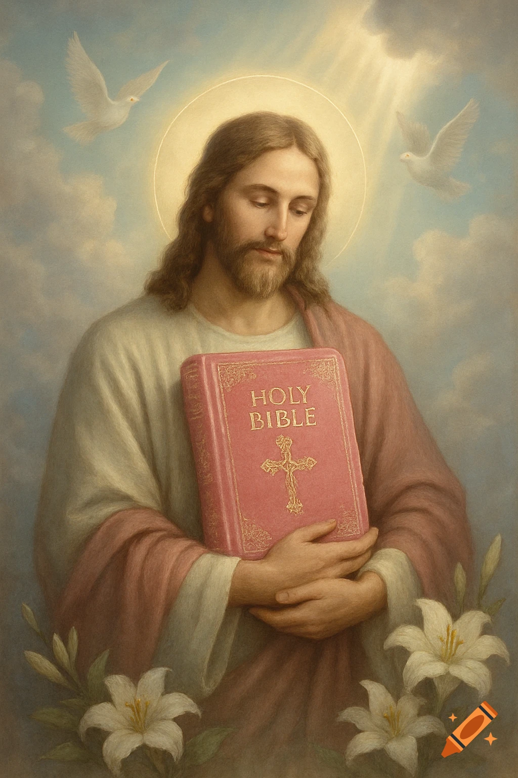 Painting of Jesus holding a pink Holy Bible with two doves and lilies in a cloudy sky, with a halo around his head.