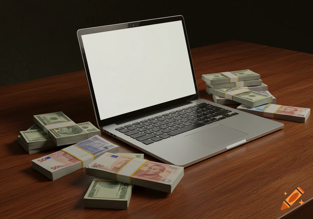 A silver laptop with a blank screen sits on a wooden table, surrounded by stacks of various currencies like US dollars and Euros.