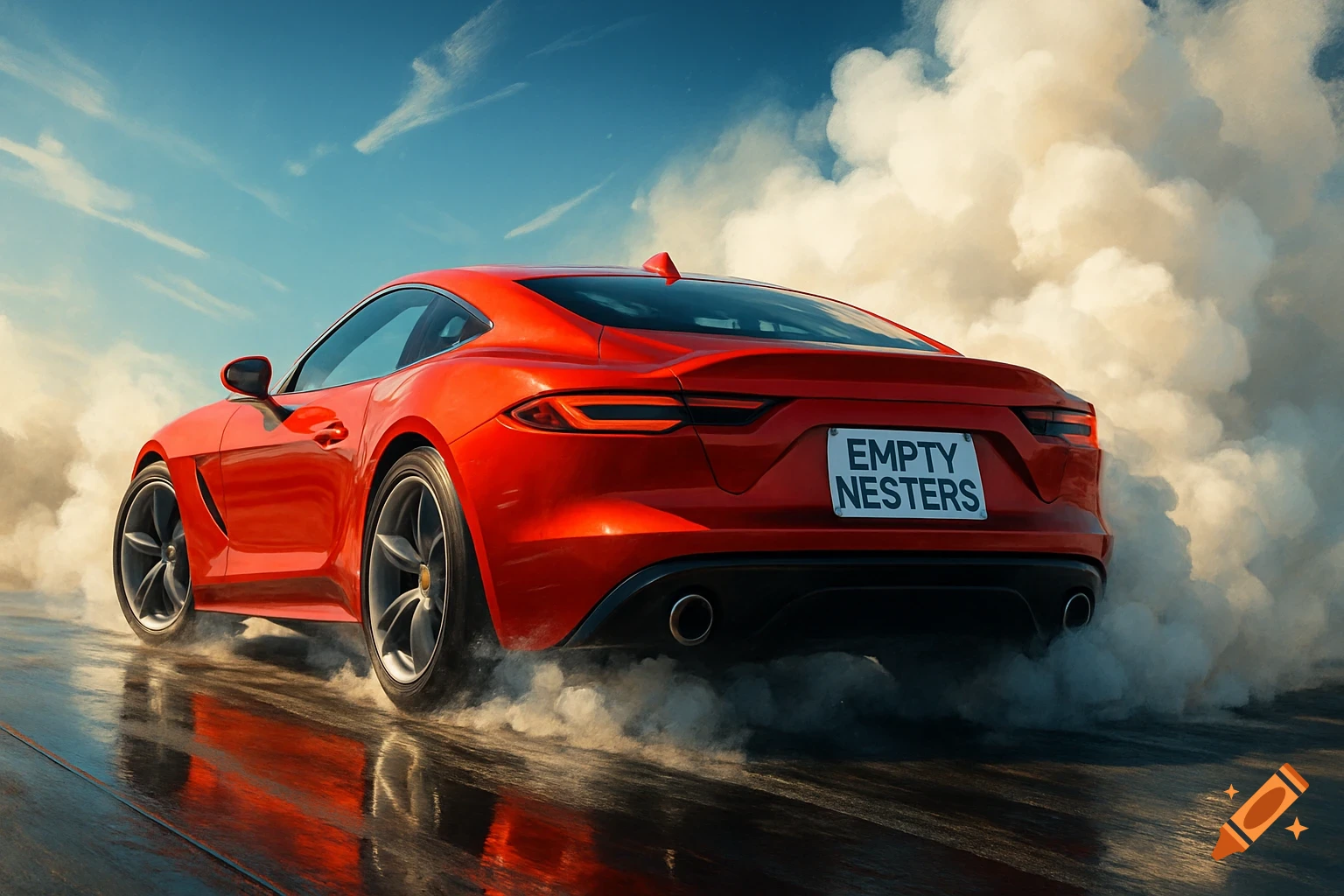 A red sports car performs a smoky burnout on a wet road under a blue sky, with 'EMPTY NESTERS' on its license plate.