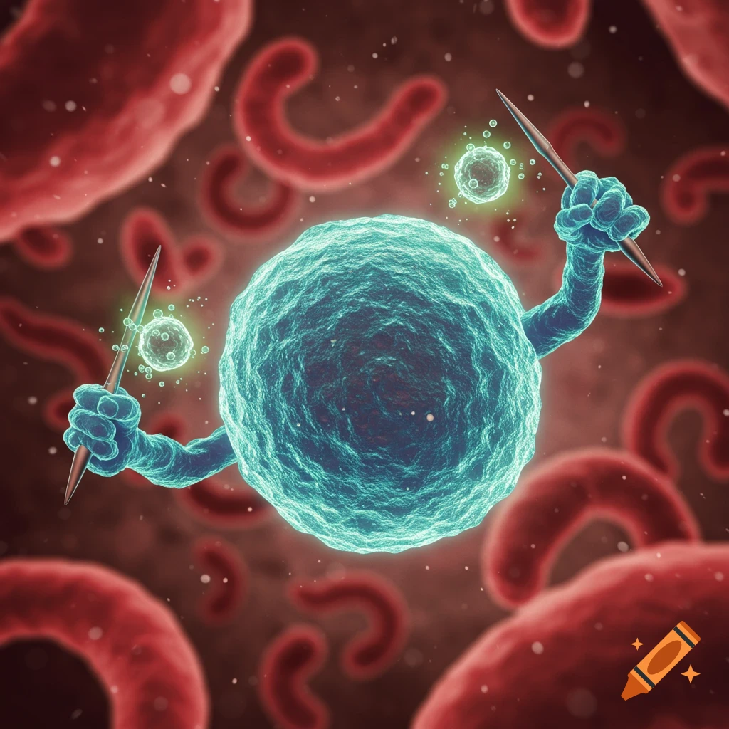 An animated blue-green cytotoxic T cell with arms holding sharp spikes, surrounded by glowing green particles and red cells.