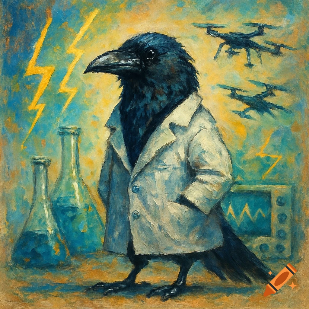 An impressionistic painting of a crow wearing a lab coat, standing among beakers and drones with lightning bolts in the background.