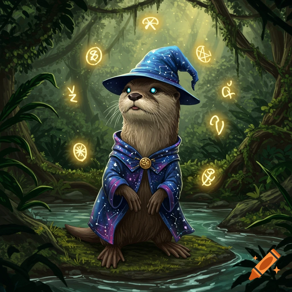 An otter wearing a blue wizard hat and robe stands by a river in a forest, surrounded by glowing golden magical symbols.