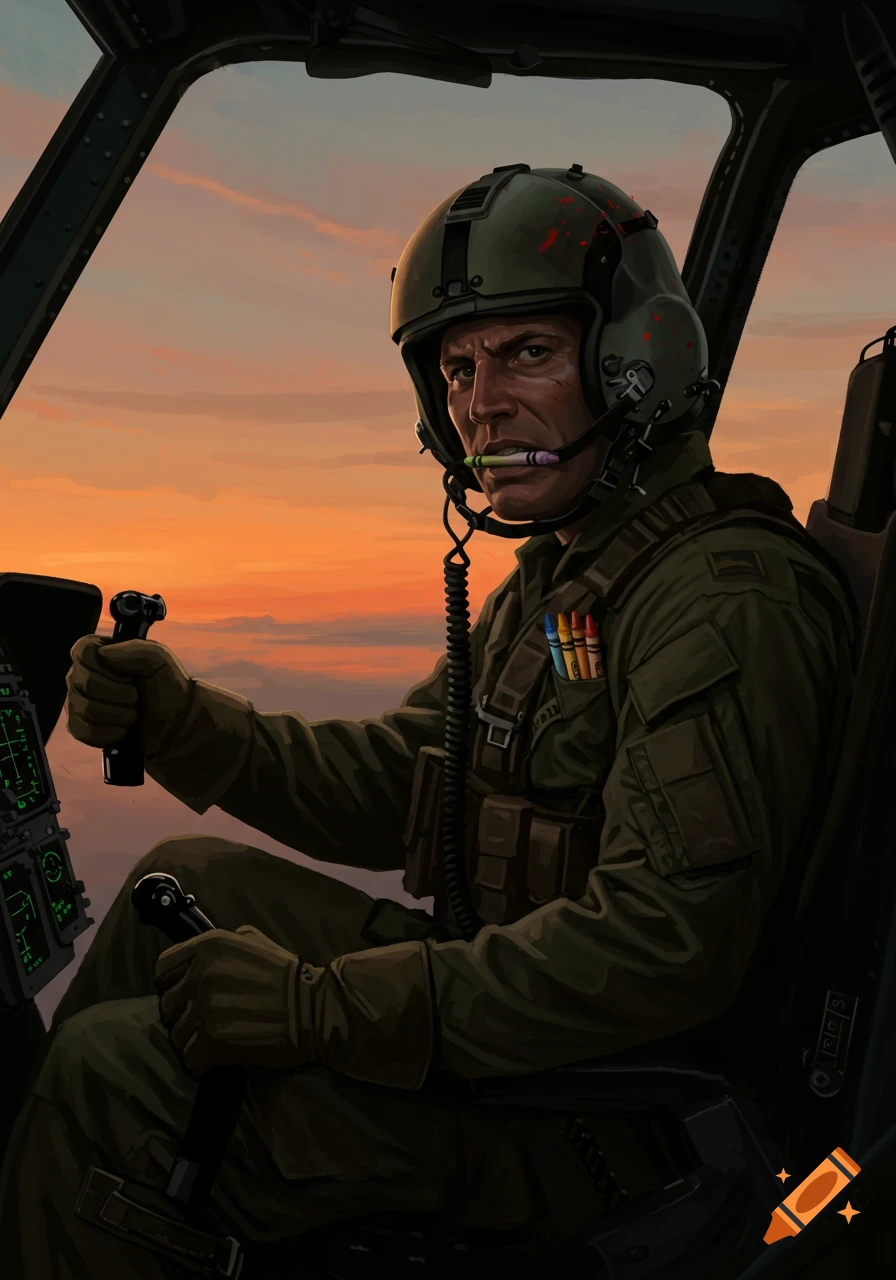A stylized painting of a US Marine pilot in a helicopter, a crayon in his mouth and pocket, against a sunset sky.