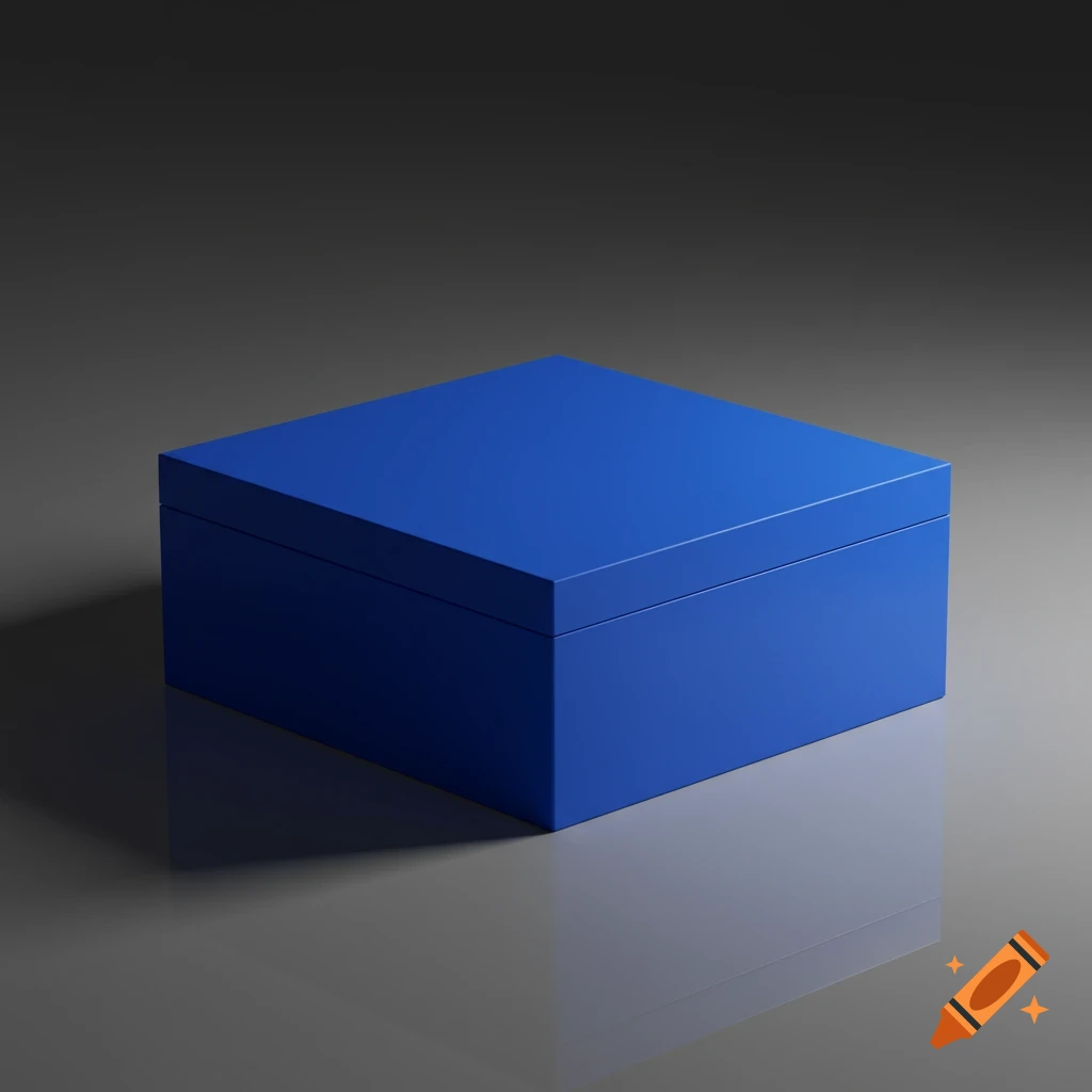 A minimalist, photorealistic image of a solid blue box with a lid on a reflective gray surface.