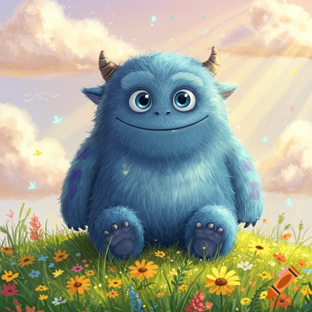 A fluffy blue monster with horns and big eyes smiles, sitting in a field of colorful wildflowers under a sunny, cloudy sky.