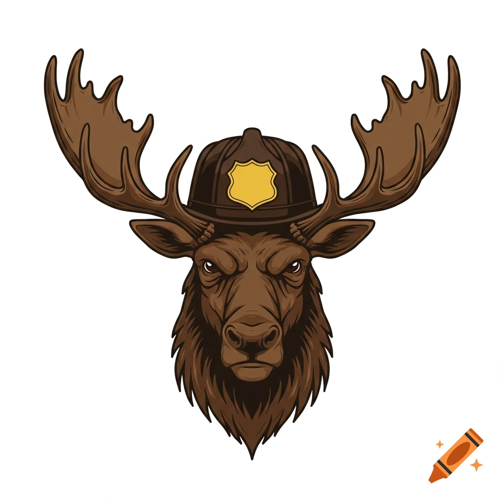A vector illustration of a brown moose head with mean eyebrows wearing a dark brown forest firefighter hat with a yellow shield badge.