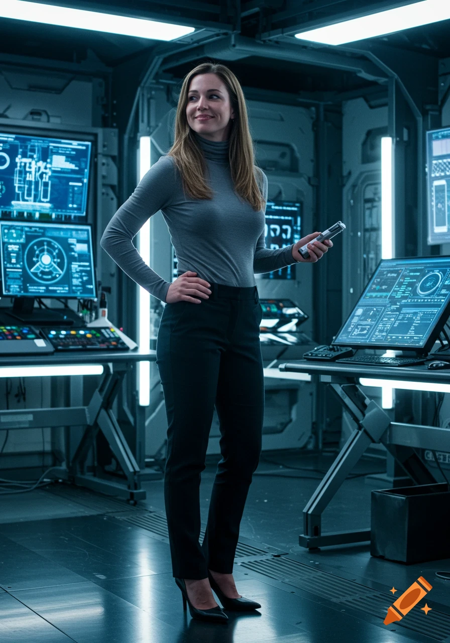 A woman in a grey turtleneck and black pants stands in a futuristic lab, smirking slightly. She holds a sleek device, surrounded by glowing screens.