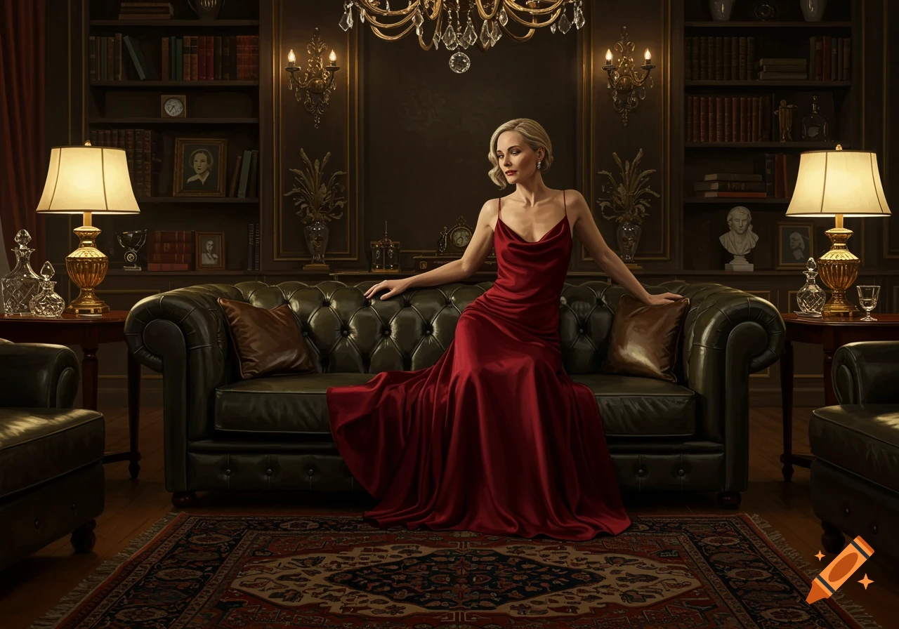 An elegant woman in a long red dress sits on a green leather sofa in a luxurious, lamp-lit room with bookshelves.
