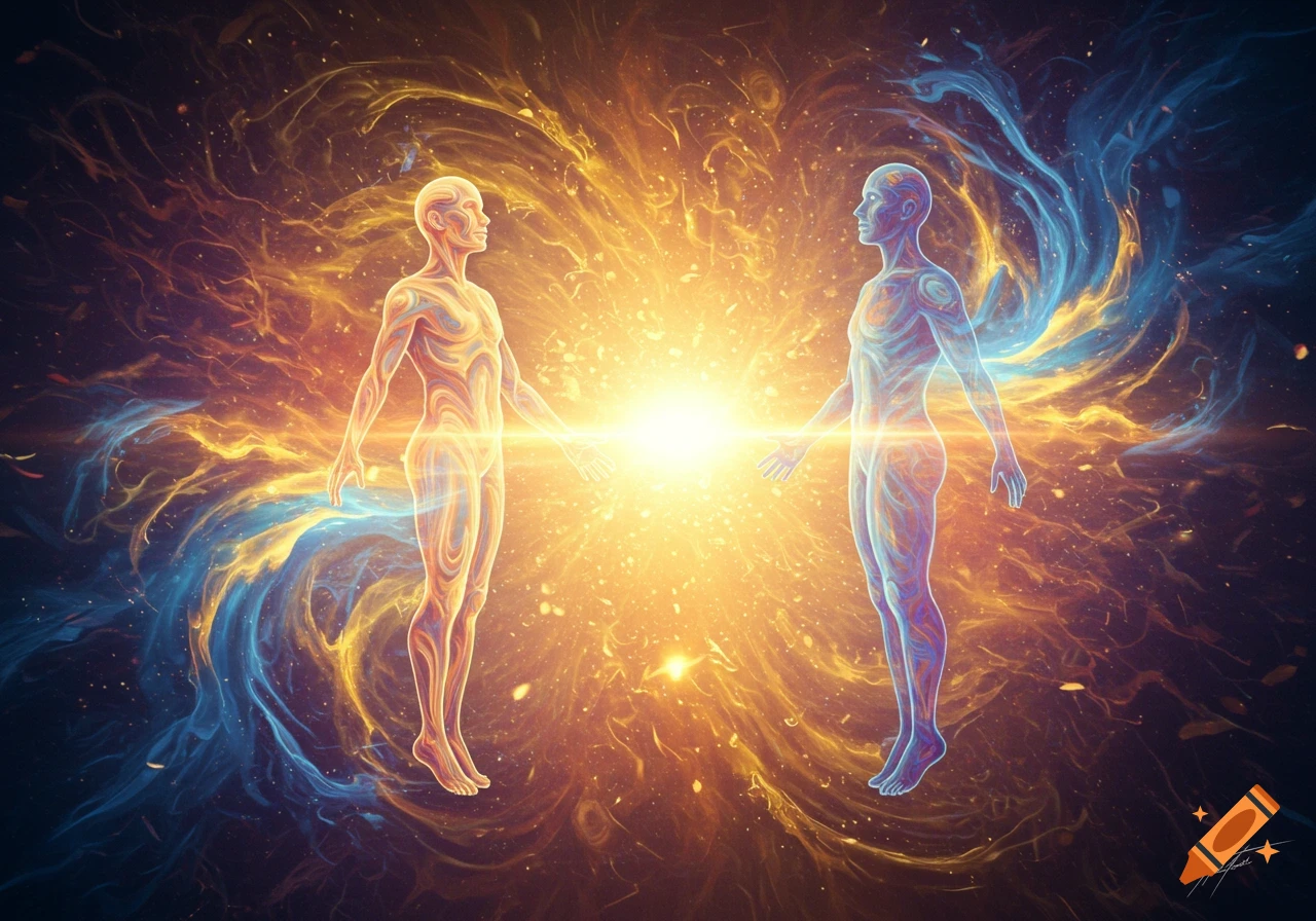 Two glowing, human-like figures face each other amidst swirling orange and blue cosmic energy, connected by a bright light.