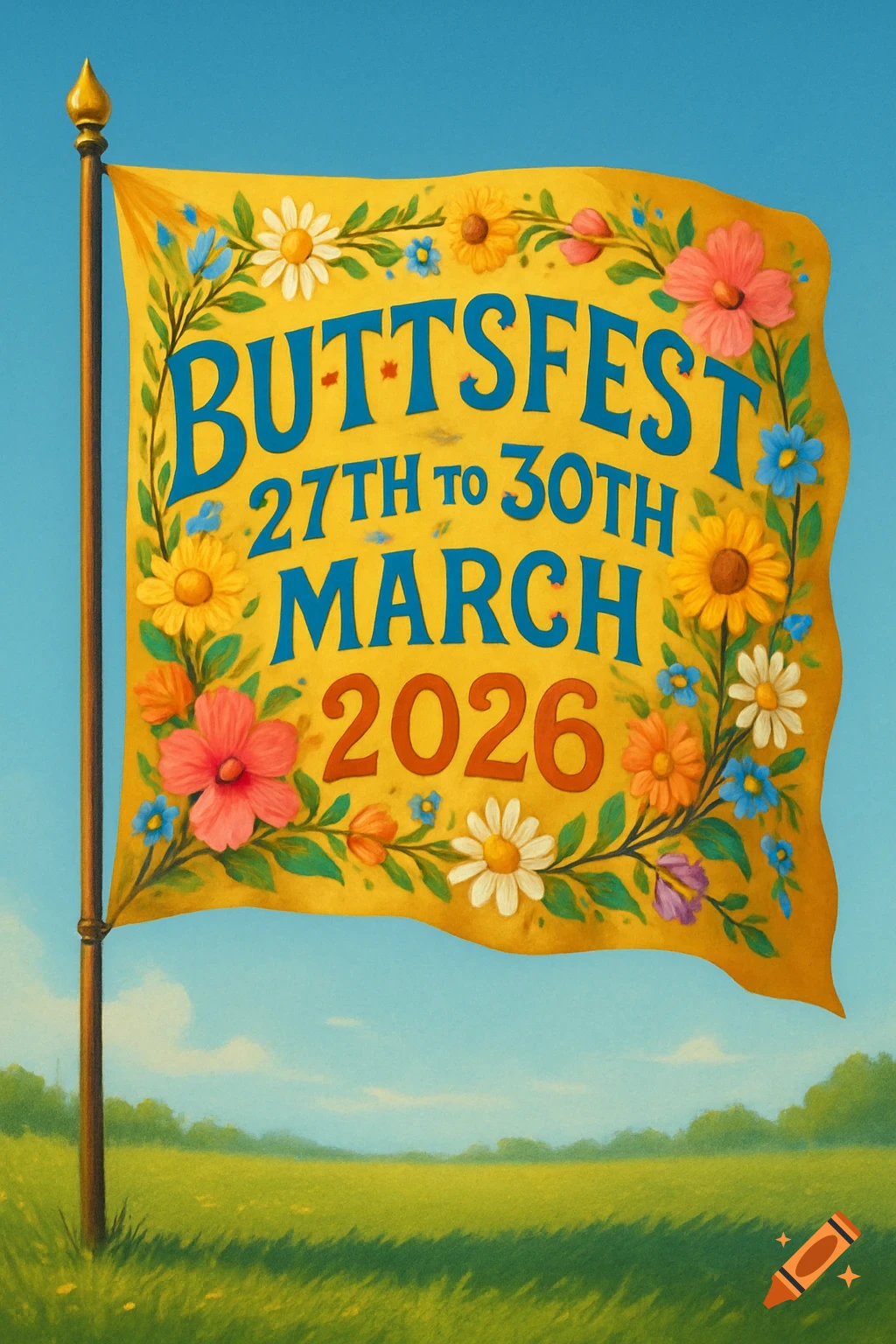A yellow festival flag with "BUTTSFEST 27TH TO 30TH MARCH 2026" and floral decorations, standing in a green field under a clear blue sky.