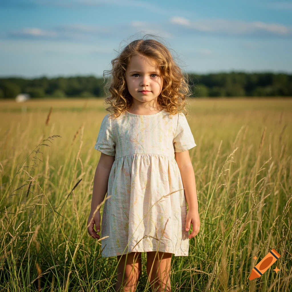 A young girl with curly hair stands in a field of tall golden grass under a clear blue sky.