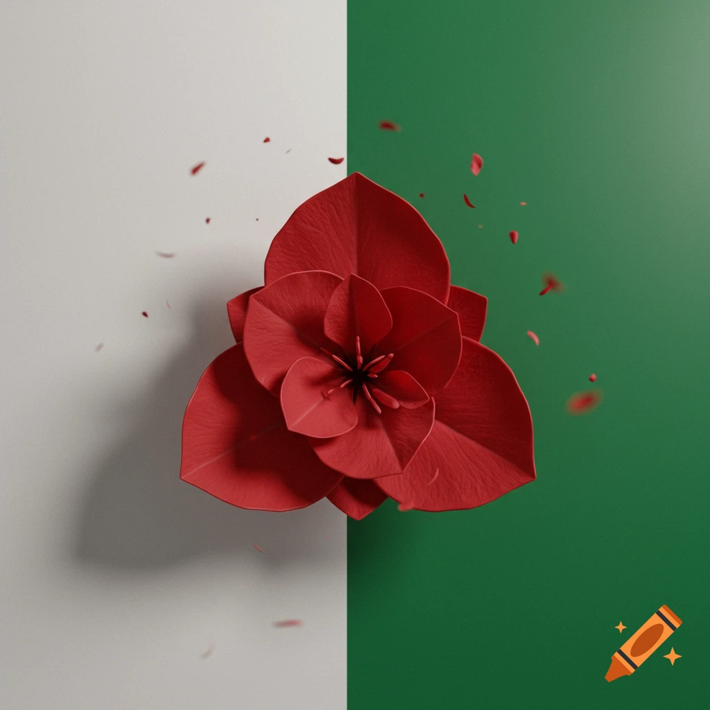 A red geometric flower on a background split between white and green, with scattered petals.