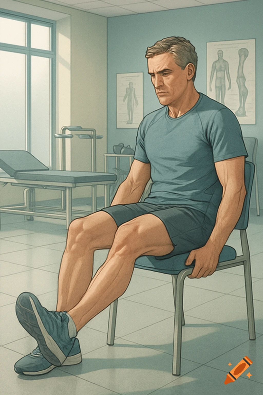 A man sits on a chair in a physiotherapy room, straightening his knee. Medical illustration style.