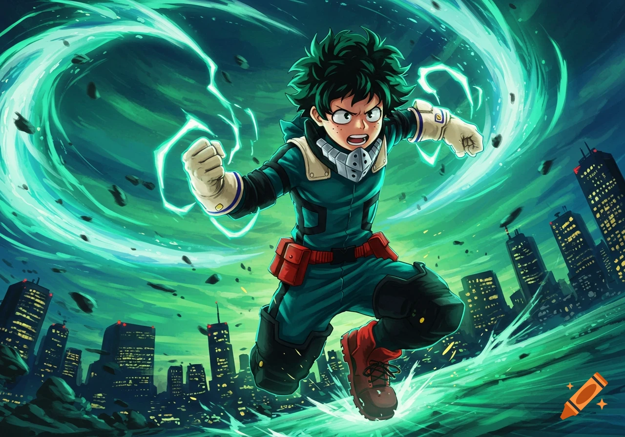 Deku from My Hero Academia leaps forward, surrounded by swirling green energy with a city skyline in the background, in an anime art style.