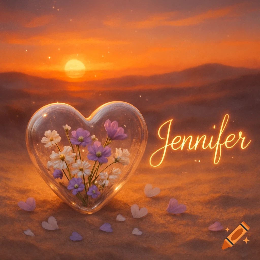 A glass heart filled with white and purple flowers rests on sand at sunset, with the glowing name Jennifer next to it.