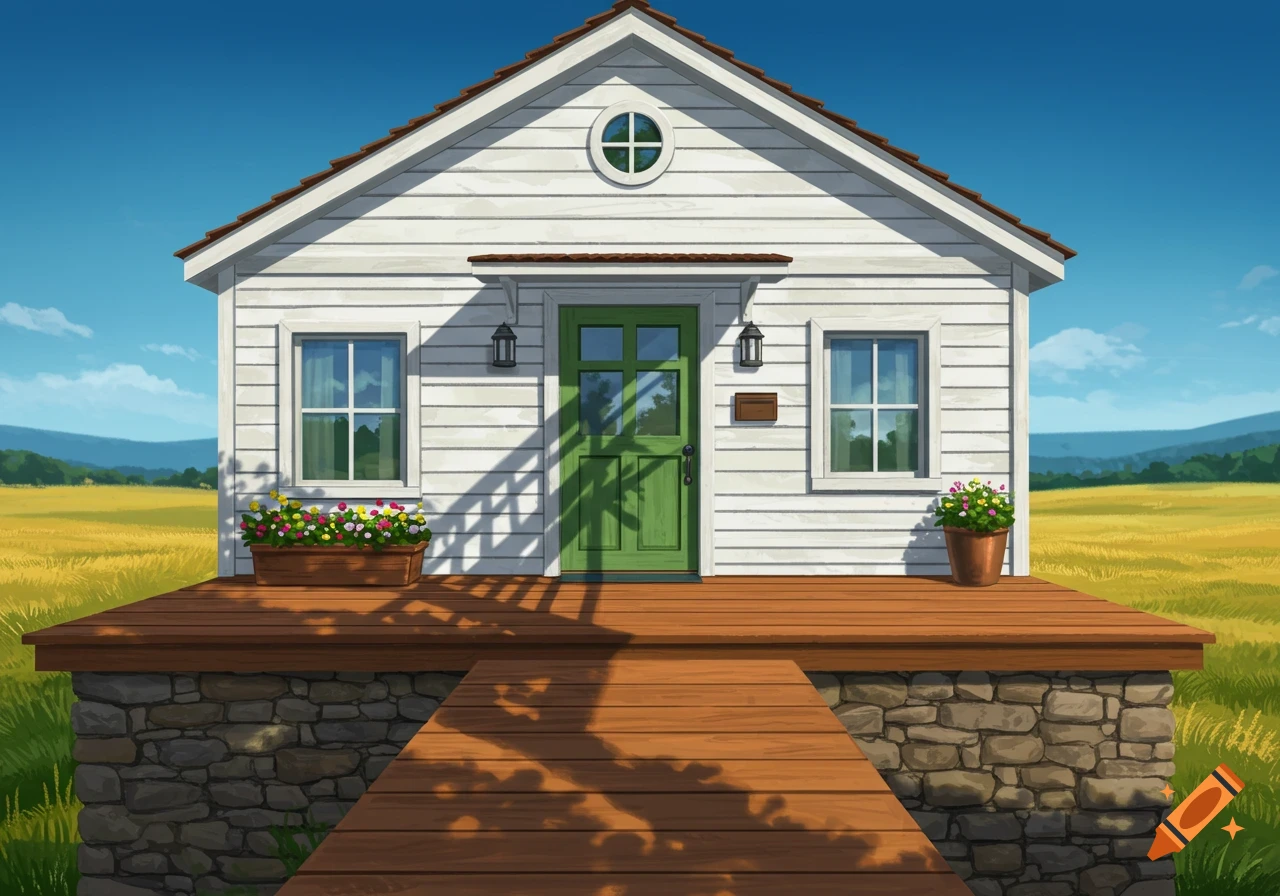 A small white house with a green front door and wooden porch sits in a sunny yellow field under a blue sky.