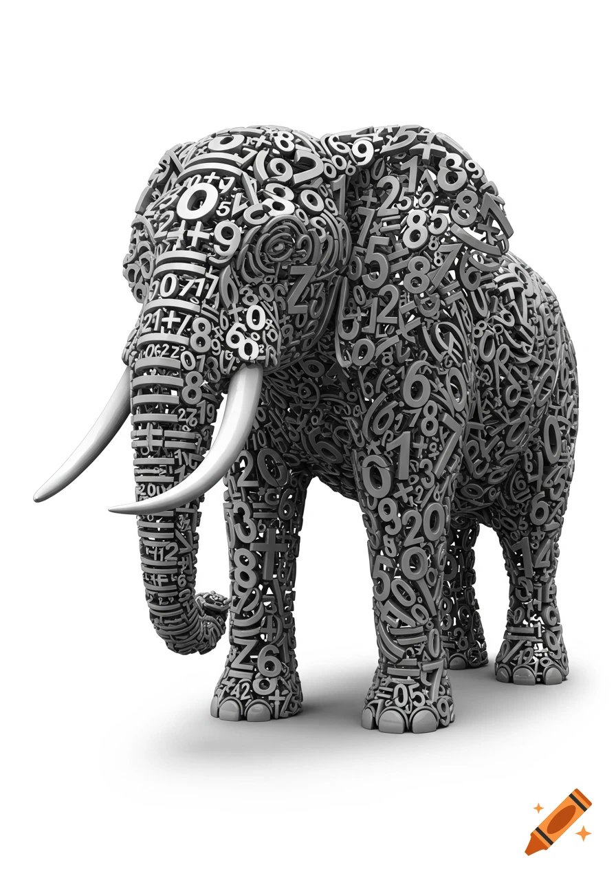A 3D rendered elephant sculpture composed of various gray numbers and mathematical symbols, standing on a white background.
