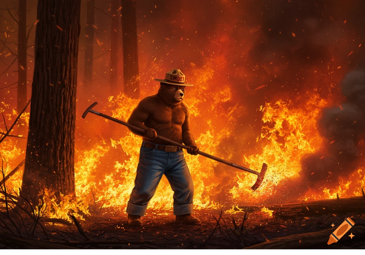 An anthropomorphic bear, Smokey the Bear, stands in a forest engulfed by flames, holding a fire rake and fighting the wildfire. Illustration style.