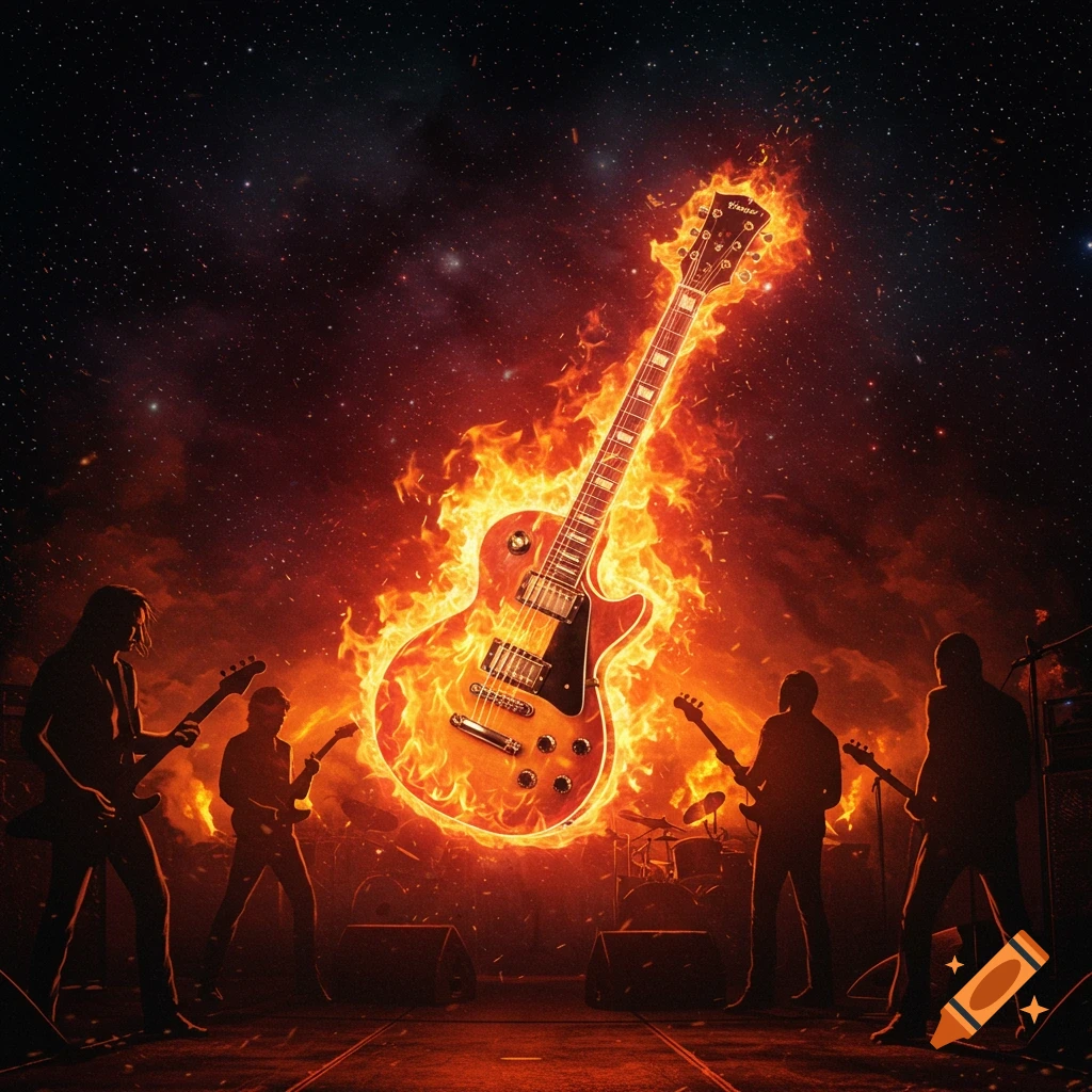 A flaming electric guitar floats in space above a stage with silhouetted rock band members playing.