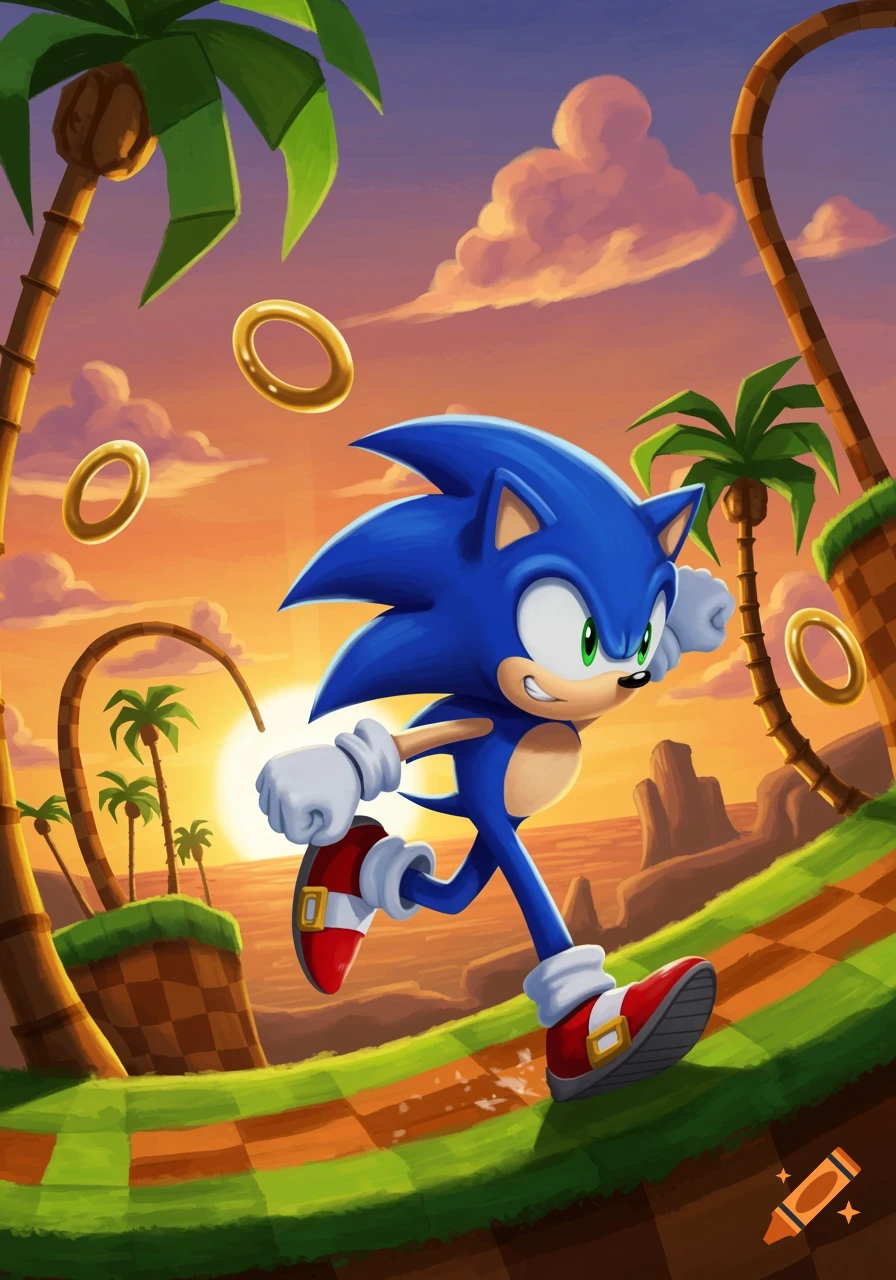 Sonic the Hedgehog runs through a vibrant Green Hill Zone, featuring palm trees, loops, and golden rings under an orange sunset.