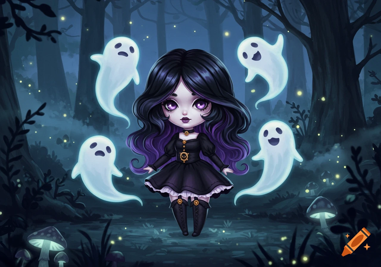 A cute gothic girl with black and purple hair stands in a dark, mystical forest, surrounded by four white ghosts and glowing mushrooms, in an illustration.