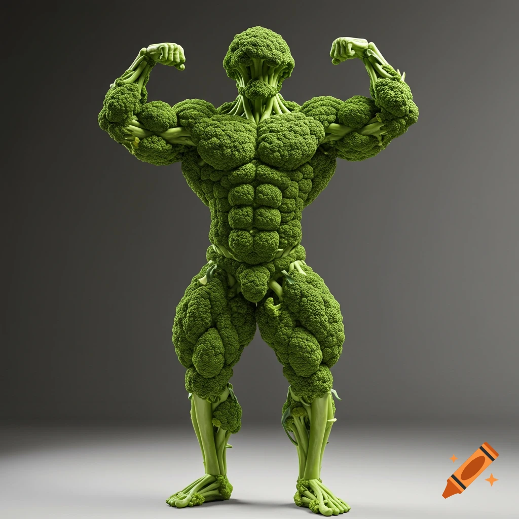 A muscular bodybuilder made entirely of green broccoli florets poses, flexing biceps against a gray background.