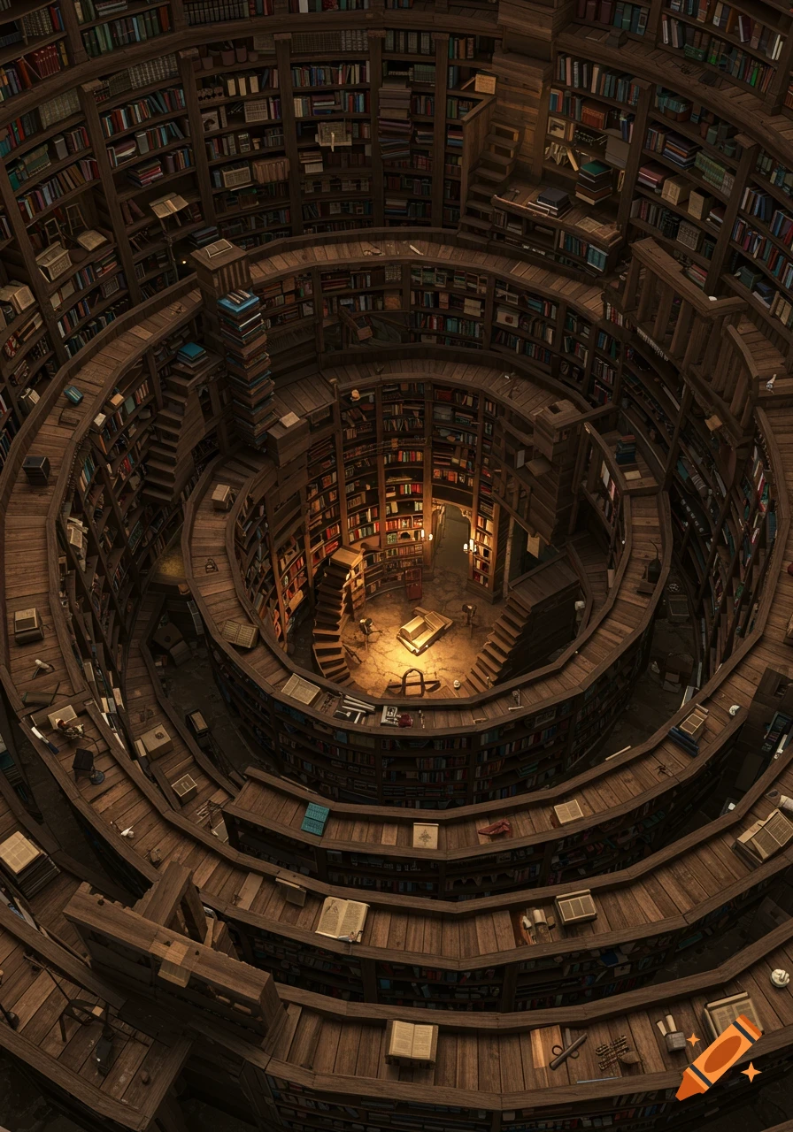 Photorealistic top-down view of a massive spiral library filled with overflowing bookcases, leading to an illuminated dirt floor at its center.