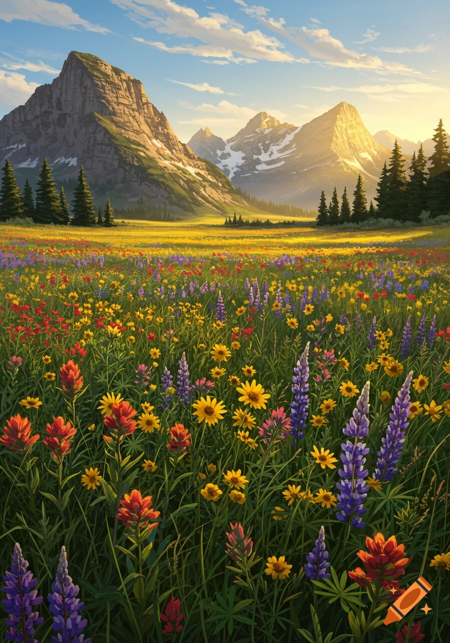 A vibrant field of colorful wildflowers with majestic mountains in the background under a sunny sky.