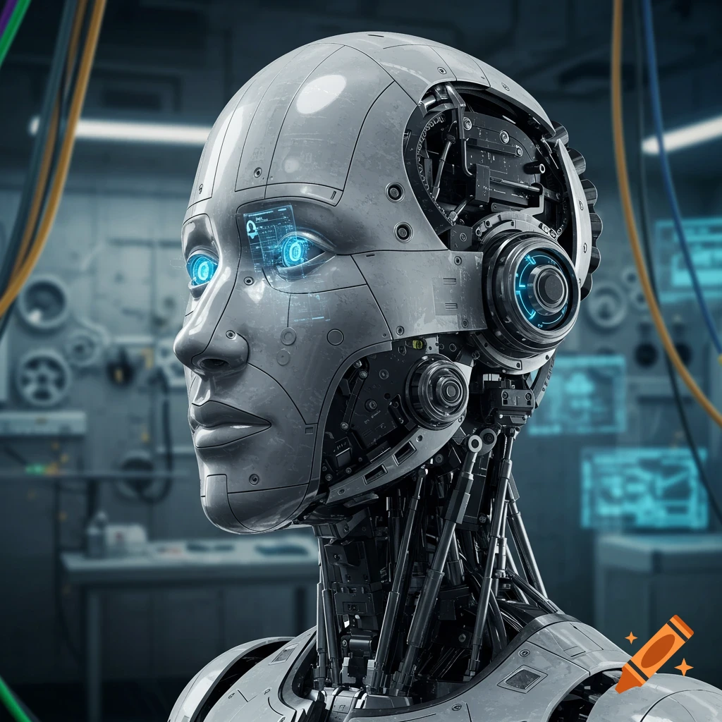Close-up, photorealistic profile of a futuristic silver robot with glowing blue eyes in a workshop.