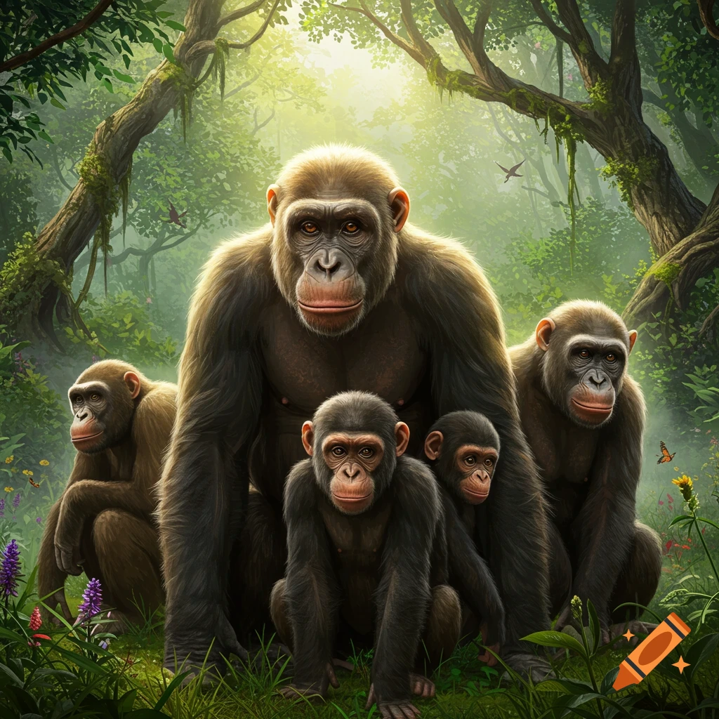 A family of chimpanzees, including an adult and young ones, sits in a lush green jungle bathed in sunlight.