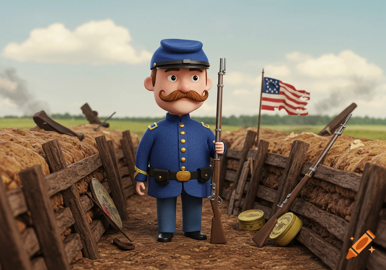 A cartoon Union soldier stands in a trench, holding a rifle, with an American flag waving in the background.