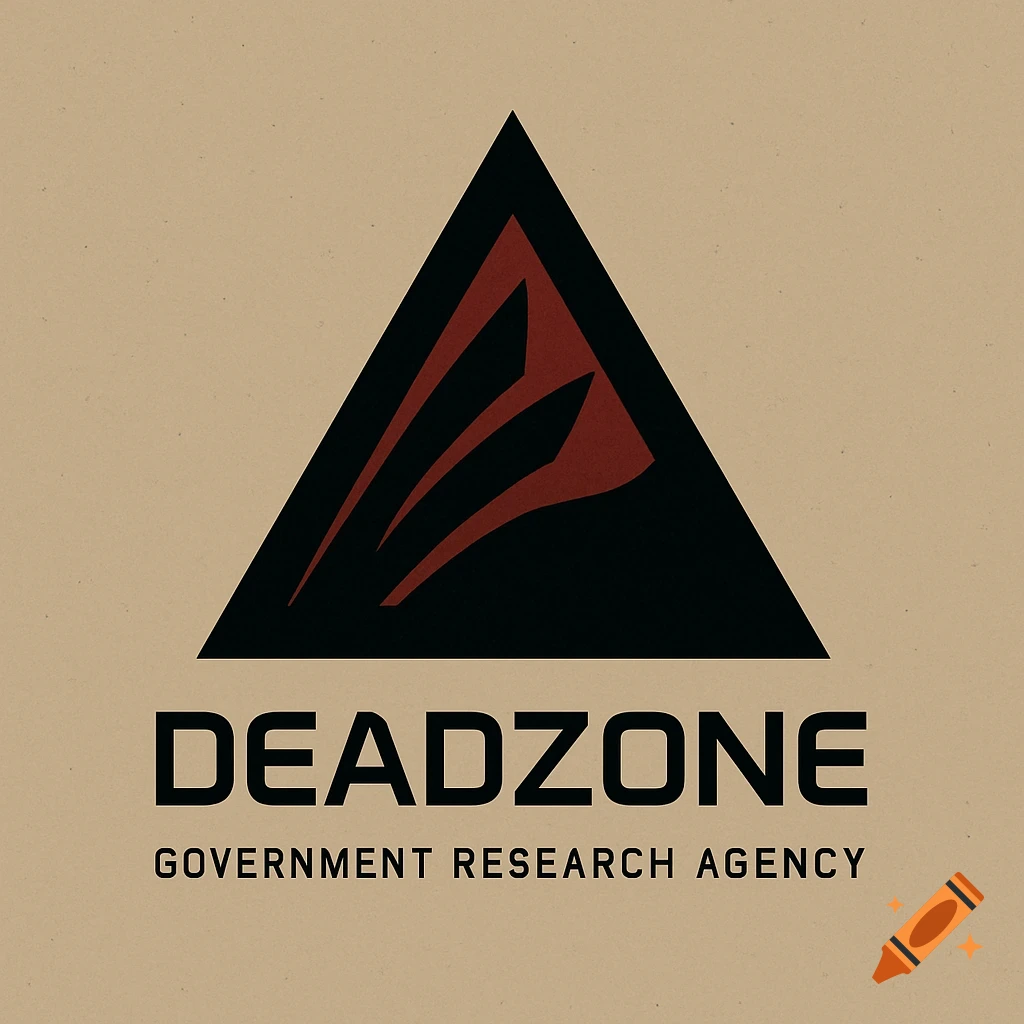 A minimalist logo featuring a black triangle with red, stylized claw-like elements inside, over the text 'DEADZONE GOVERNMENT RESEARCH AGENCY' on a beige background.