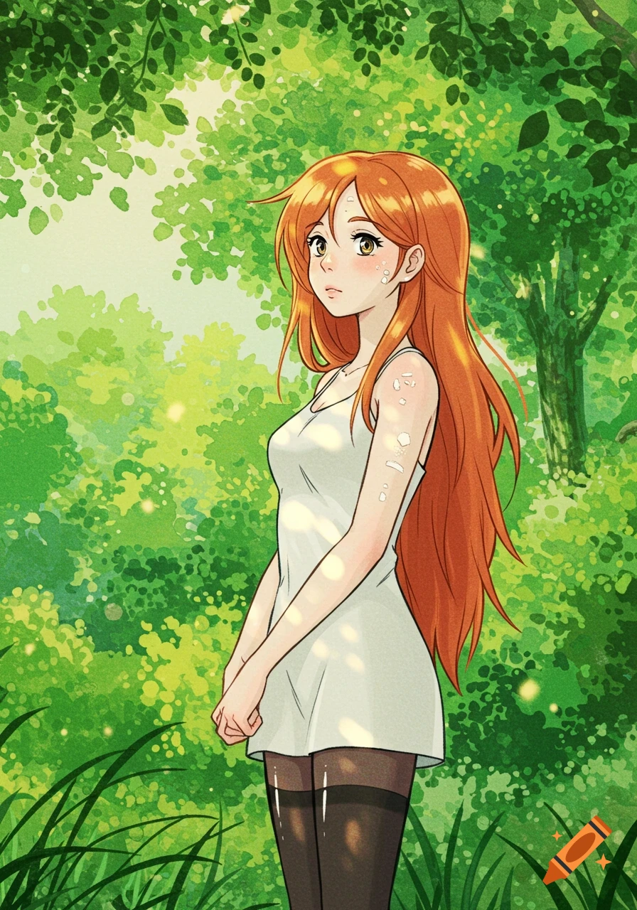 A ginger-haired anime woman in a white dress and black pantyhose stands in a lush green forest, with white marks on her face and arm.
