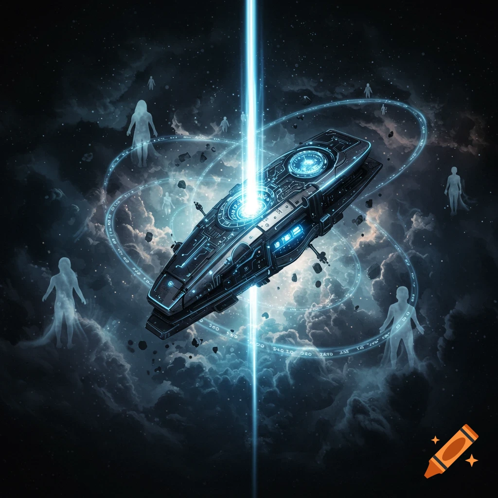 A sleek futuristic spaceship emits a bright blue beam of light into the dark, cloudy cosmos, surrounded by glowing ethereal figures and swirling energy rings.