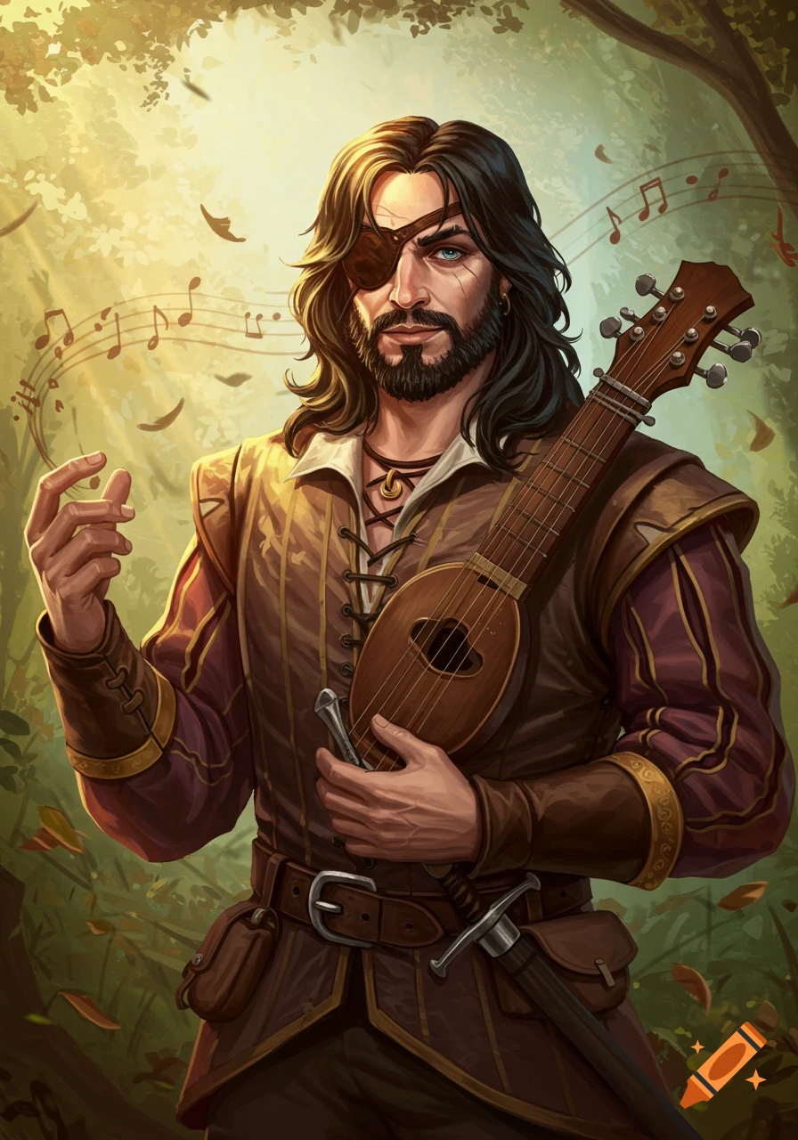 An illustration of a fantasy bard with an eye patch, long dark hair, and a beard, holding a lute in a forest with musical notes floating.