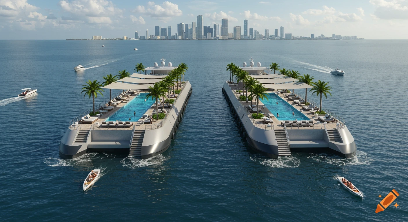 Two photorealistic luxury barges with pools and lounge areas float on blue water, with the Miami skyline in the background.
