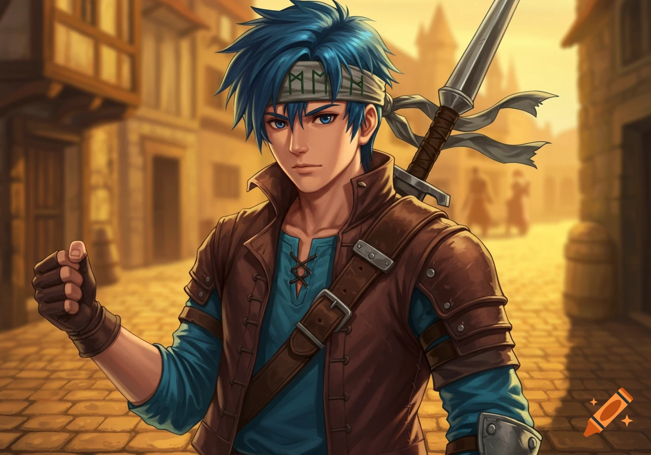 A blue-haired anime man in a brown mercenary jacket and a runic headband, with a sword on his back, stands in a medieval street.