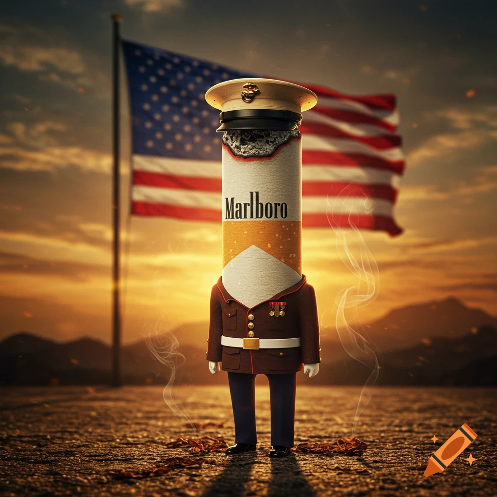 A photorealistic depiction of a Marlboro cigarette dressed as a U.S. Marine Corps sergeant, with an American flag at sunset in the background.