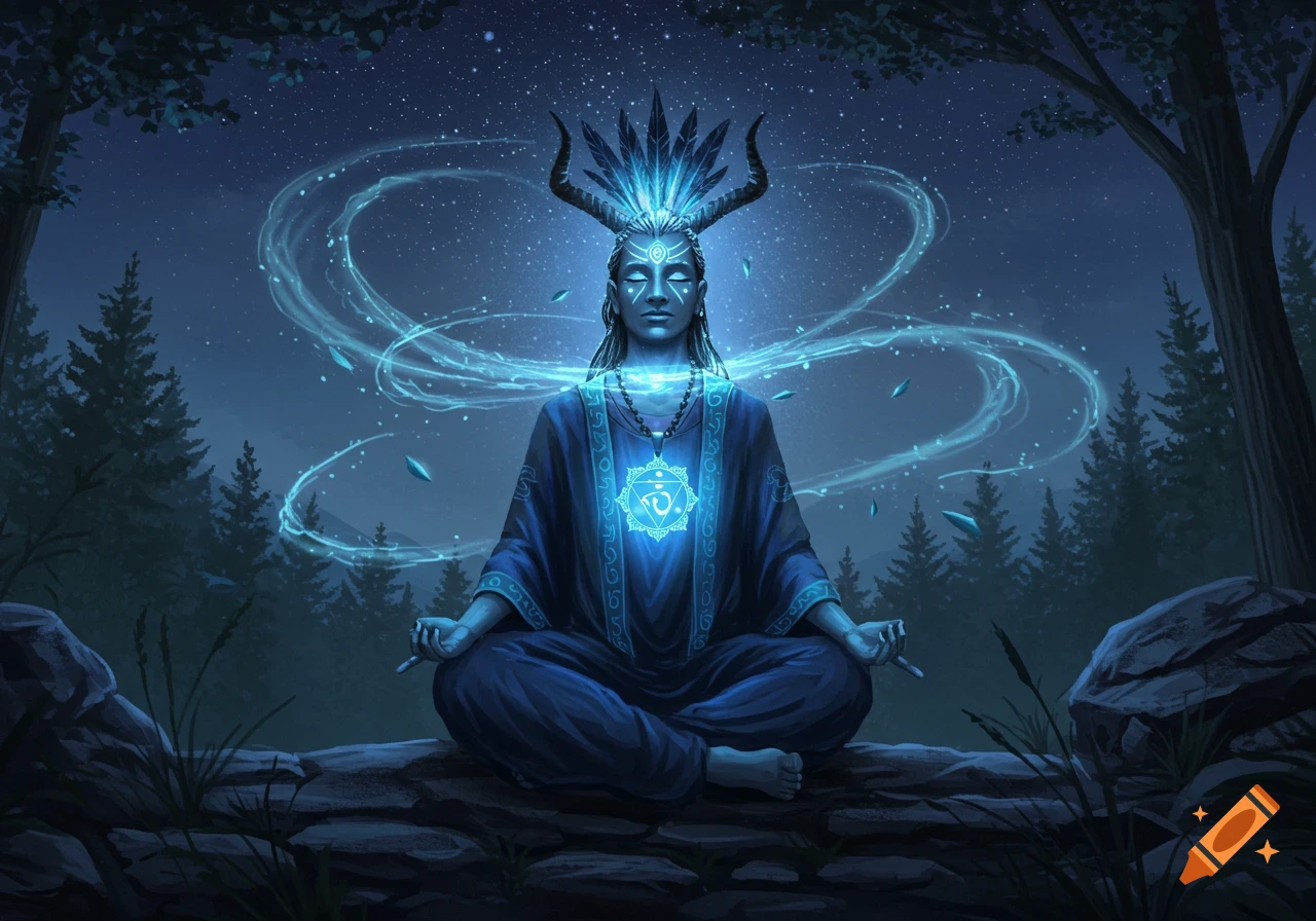 A blue-skinned shaman meditates in a dark forest under a starry sky, glowing with blue energy from a chakra symbol on their chest.