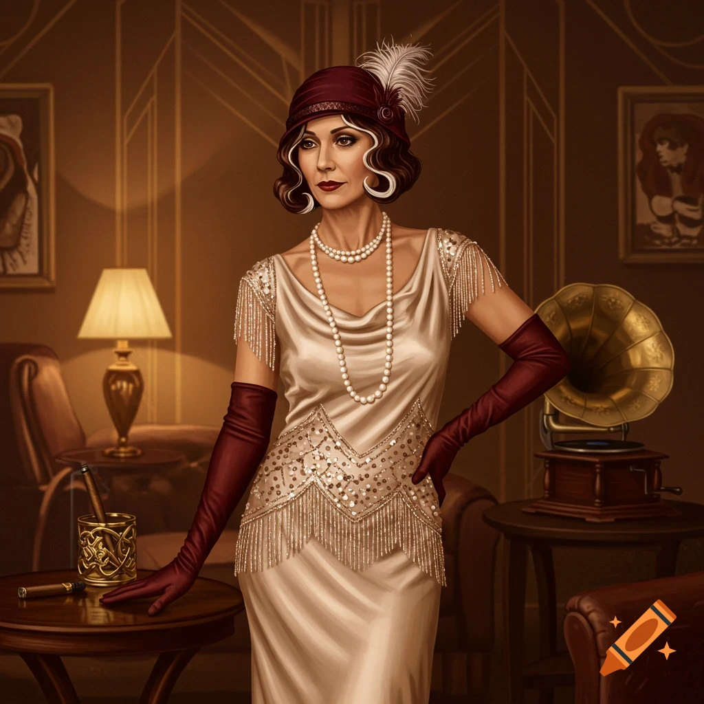 A middle-aged woman in a 1920s flapper dress with pearls and red gloves stands in a vintage room with a gramophone.